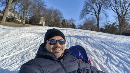 Man sledding down snowy hill in suburban park on sunny winter day