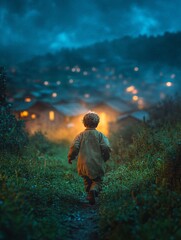 Obraz premium Concept of happiness and poverty Joyful Child Running Through a Vibrant Landscape at Dusk