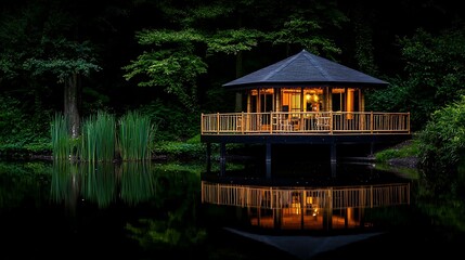Obraz premium Illuminated lakeside gazebo at twilight, serene forest background, peaceful retreat