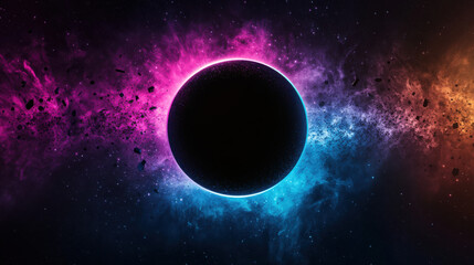 A dark ethereal black hole radiating bursts of neon magenta and electric blue light, surrounded by fragmented glowing space debris in dynamic motion, a shimmering gas field in iridescent hues cascadin