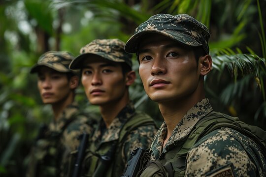 Three Asian soldiers stand in a line, focused and alert, wearing camouflage uniforms and caps. They are positioned in a lush tropical forest, ready for commands during training