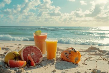 Obraz premium Fresh fruit salad with juice on the sandy shore of a beach at sunset.