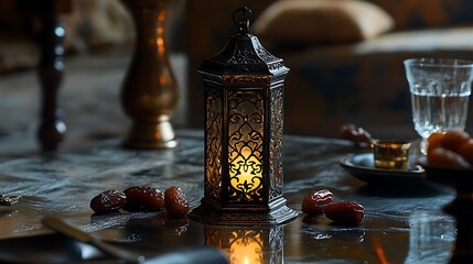 Illuminated lantern, dates, Ramadan, table, interior, evening, celebration, home,  festive, mood