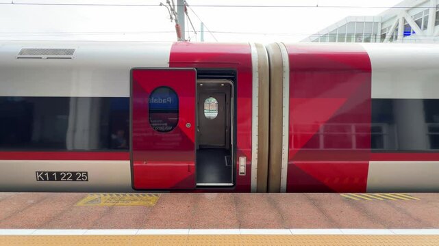 the door of the Whoosh bullet train is open. Whoosh train after arrival in Padalarang Station. the high speed train in Indonesia that connects Jakarta and Bandung
