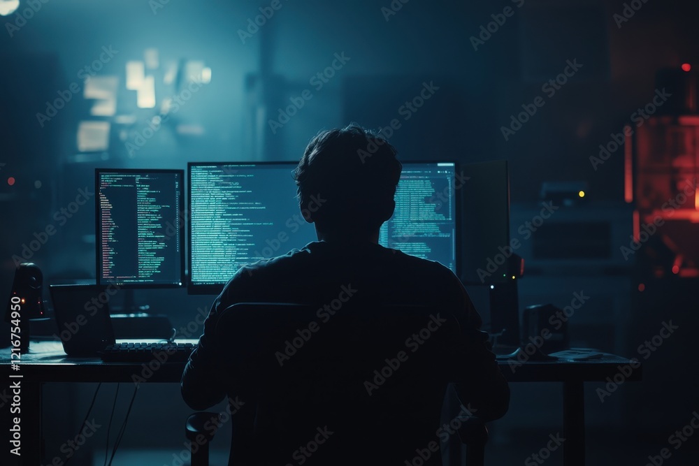 Poster programmer working late in a dimly lit room filled with computer screens