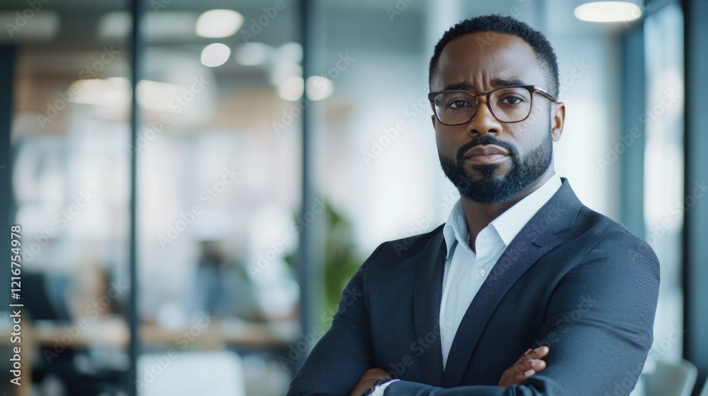 Poster A man in a suit and glasses is standing in front of a window. He is looking at the camera with a serious expression