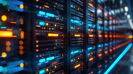 Futuristic data center showcasing illuminated server racks with vibrant lights and technology