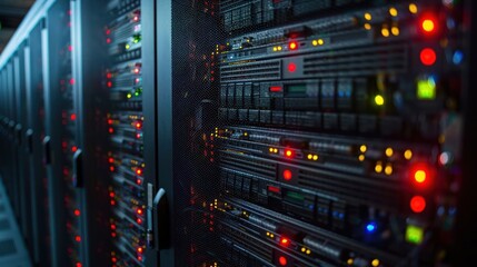 Naklejka premium Close-up view of illuminated server racks in a data center with blinking lights and cables