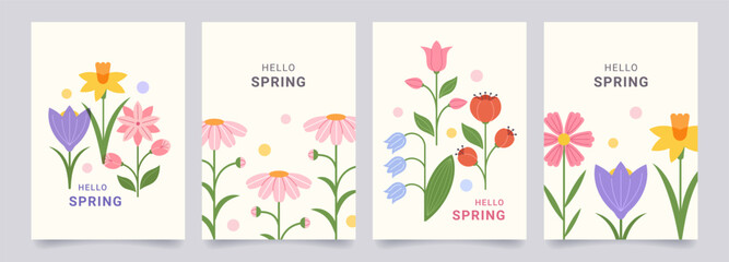 Set of spring modern backgrounds with minimalist geometric flowers. Flat trendy design. Vector template for poster, branding, ads, card, prints, banner.