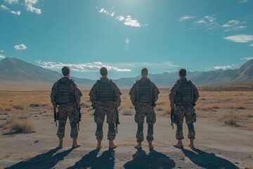 Four soldiers in tactical gear observe the landscape, representing diverse backgrounds. They stand together in a remote location, showcasing unity and purpose against a beautiful backdrop