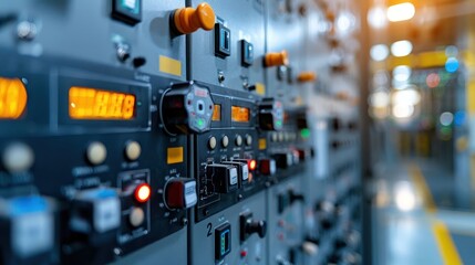 Control panel with illuminated buttons and gauges in a modern industrial setting