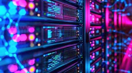 Futuristic server room with colorful lights showcasing advanced technology and connectivity
