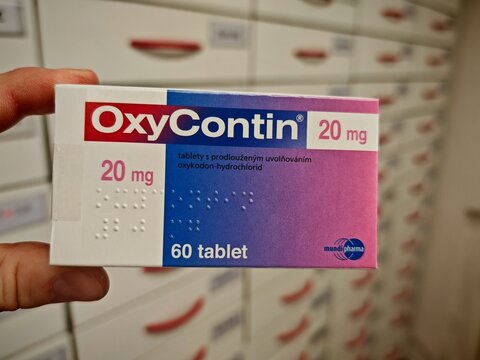 Prague,Czech Republic-January 7 2025: OXYCONTIN box of medication with OXYCODONE active substance by PURDUE PHARMA,used for treatment of chronic pain	
