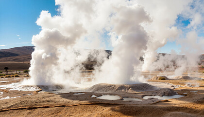 Fototapeta premium Geothermal steam vents rising above arid landscape, renewable energy concept