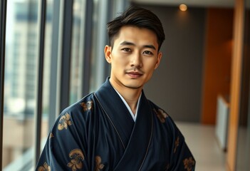 Fototapeta premium Portrait of an Asian male in traditional Japanese attire