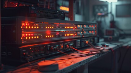 High-tech server equipment with glowing lights in a dimly lit control room setting
