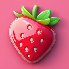 Obraz premium Glossy strawberry with green leaves on pink background