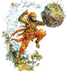 Hanuman, the Monkey God, Lifting a Mountain - Watercolor Painting.