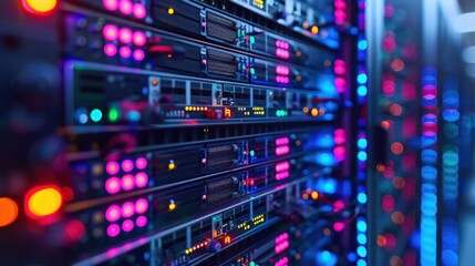 Close-up view of illuminated server racks showcasing vibrant LED indicators in a data center (1)