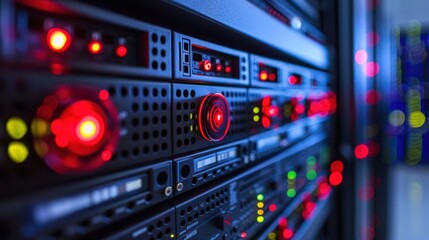 Close-up of illuminated server racks in a data center showcasing technology and connectivity (1)