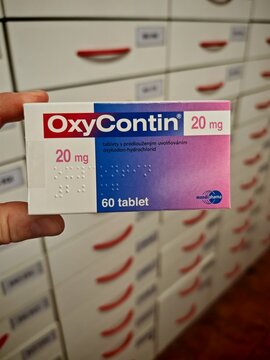 Prague,Czech Republic-January 7 2025: OXYCONTIN box of medication with OXYCODONE active substance by PURDUE PHARMA,used for treatment of chronic pain	
