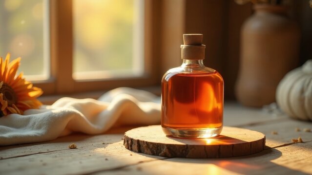 Sunlit Amber Elixir in Rustic Setting A Still Life of Natural Wellness