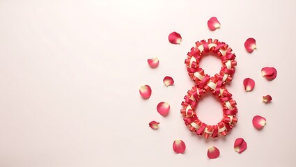 Flat-lay satin ribbon number 8 with scattered petals on minimal background for Women's Day