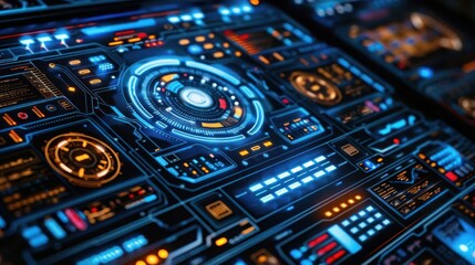 Obraz premium Futuristic digital control panel with glowing interfaces and intricate circuitry design