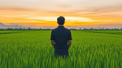 A person stands in a lush green rice field, gazing at a vibrant sunset, surrounded by nature's beauty and tranquility.