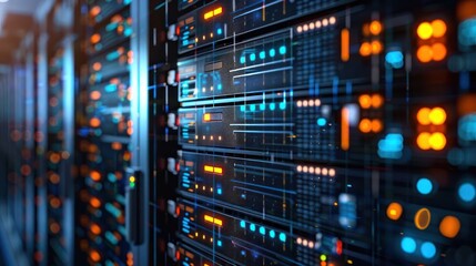 Naklejka premium Close-up view of a modern data center with illuminated server racks and digital displays