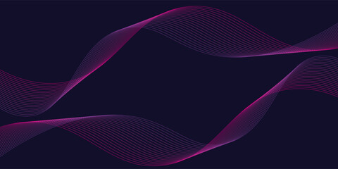 Dark abstract background with shining waves. Shiny line design elements. Flowing wave lines with modern purple blue gradient. Futuristic technology