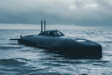 New generation submarine surfaces in calm waters under cloudy sky