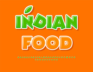 Naklejka premium Vector Culinary sign Indian Food with Bright Font. Set of Green Sticker Alphabet Letters and Numbers set.