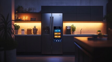 Smart fridge in modern kitchen at night