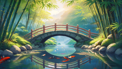 Bamboo Grove with a Stone Bridge, style anime