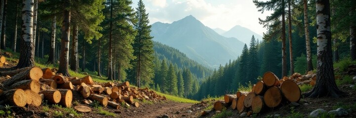 Dense forest of chopped firewood and towering trees, birch firewood, forest landscape, mountains