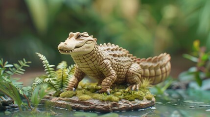 Realistic crocodile figurine on a mossy rock surrounded by lush greenery and water