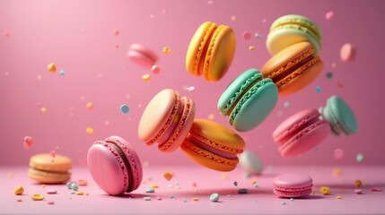 Delightful Pastry Confectioneries in Mid-Air Flight, Suspended Against a Soft Pink Backdrop