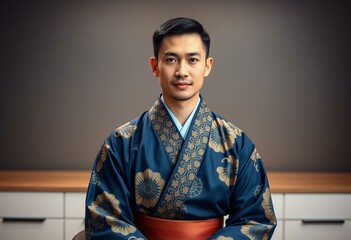 Fototapeta premium Portrait of a male professional in traditional Japanese attire in a modern office