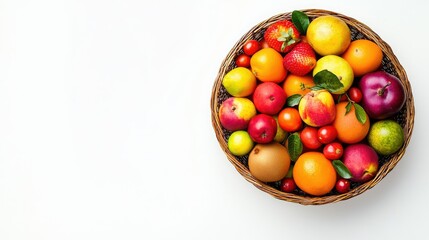A top-view shot of a shopping basket filled with mixed fruits, isolated on white background with vibrant colors