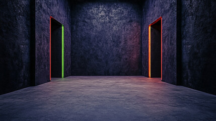 Obraz premium Futuristic hallways with glowing doors in dark space, creating mysterious atmosphere. vibrant colors of doors enhance surreal environment
