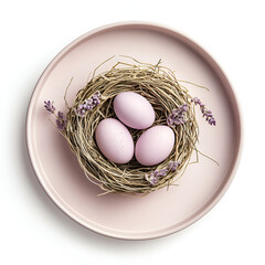 Pastel pink eggs nestled in a bird's nest on a blush-toned plate, adorned with lavender sprigs. A delicate spring scene.