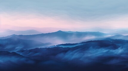 Obraz premium Abstract Blue Mountain Landscape with Fog and Pastel Sky