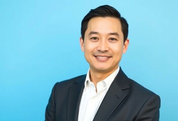 Portrait of an Asian male on a bright blue background