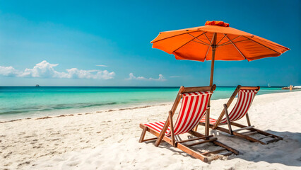 Fototapeta premium beach chairs and umbrella on the beach
