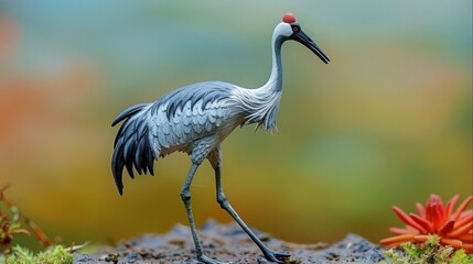 Fototapeta premium Elegant crane standing on a rock amidst vibrant foliage, showcasing nature's beauty and tranquility