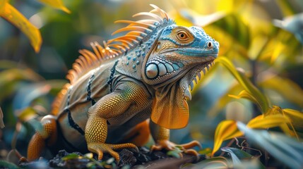 Fototapeta premium Vibrant Iguana Surrounded by Lush Greenery in a Tropical Environment, Capturing Nature's Beauty