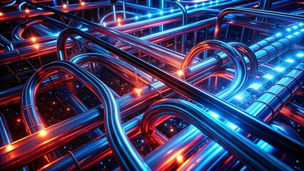 Abstract Neon Lights Background: Blue and Red Tubes Aerial View