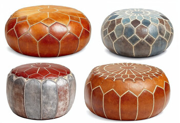 Set of Moroccan leather poufs ottoman isolated on transparent or white background