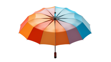 Multicolored umbrella with shiny bright colors, overhead view for summer or rainy day designs, transparent background.
